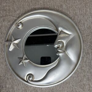 Vintage Decorel Silver Celestial Crescent Moon and Stars Round Wall Mirror